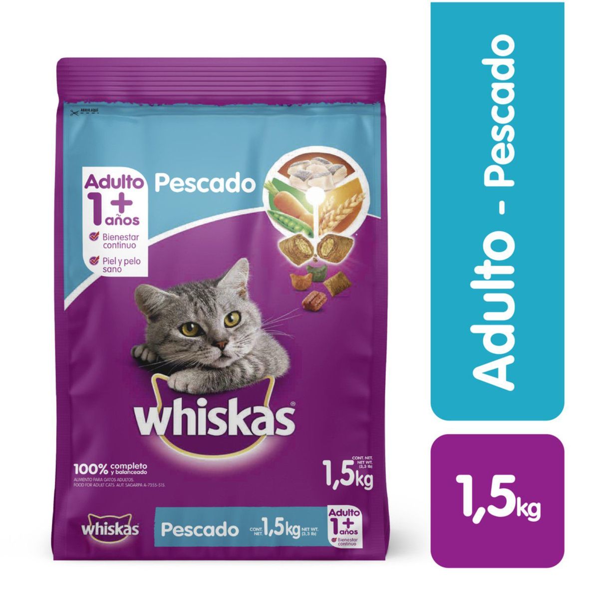 WHISKAS - Alimento Seco Gatos Adultos Whiskas Pescado Bolsa 1.5 Kg