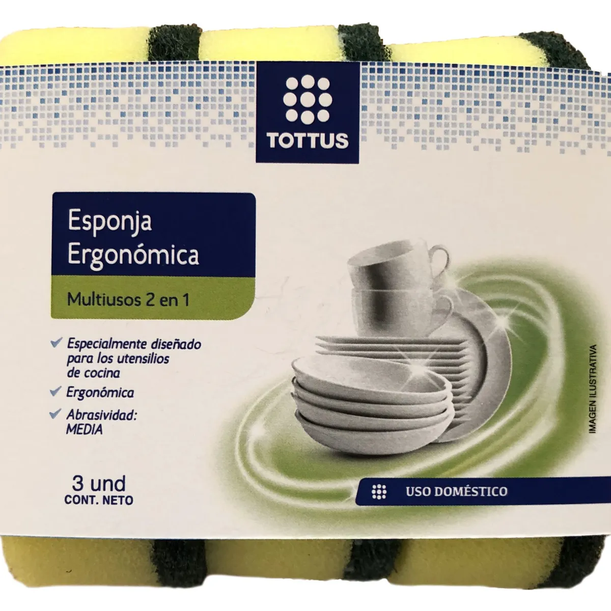 TOTTUS - Esponja Ergonómica Multiusos 2 en 1 Tottus Empaque 3 Und