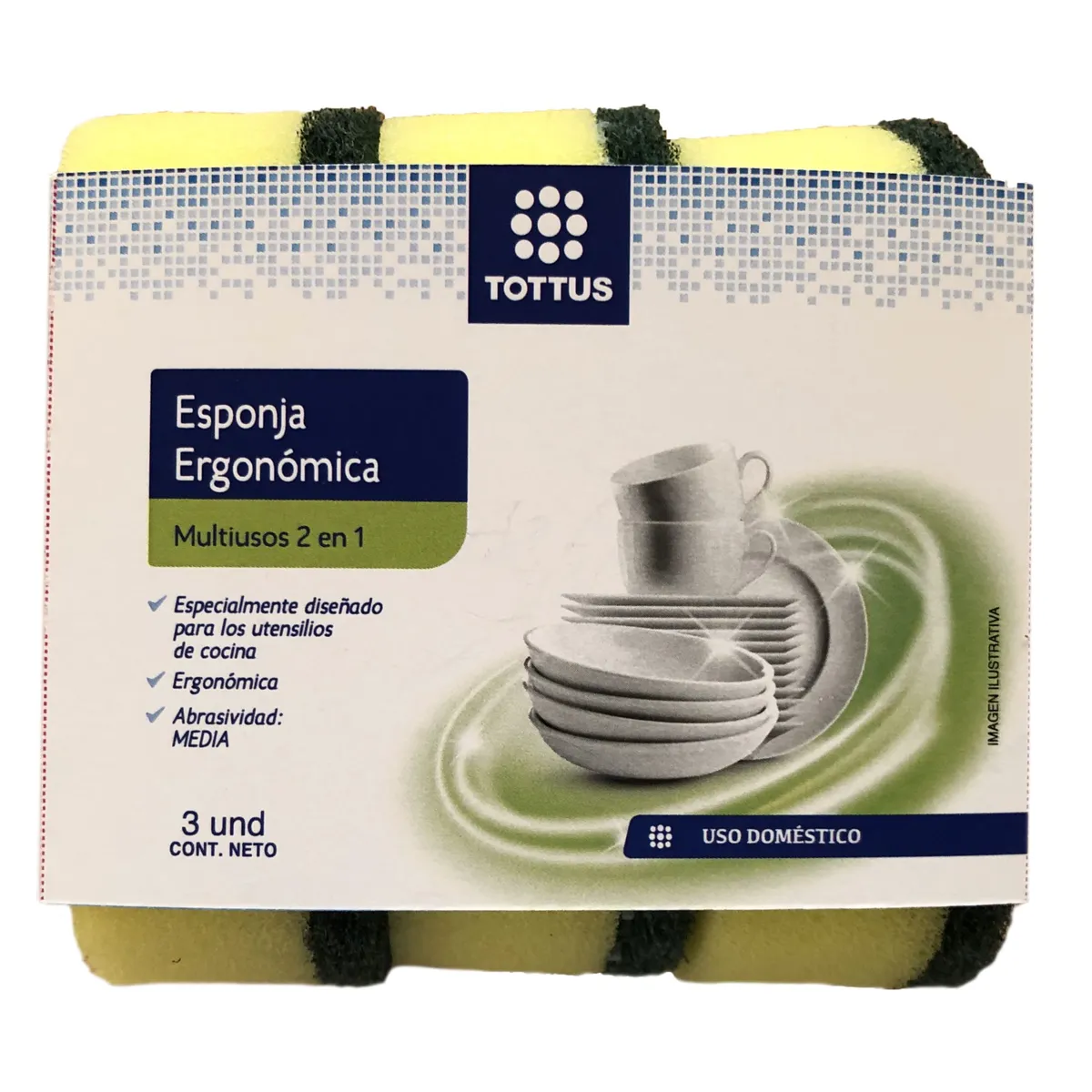 TOTTUS - Esponja Ergonómica Multiusos 2 en 1 Tottus Empaque 3 Und