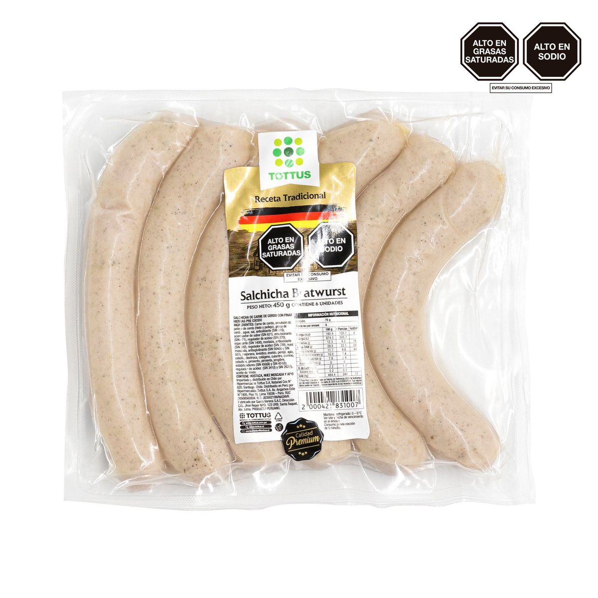TOTTUS - SALCHICHA BRATWURST TOTTUS X 450 G