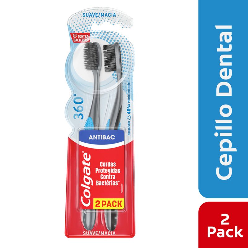 COLGATE - Cepillo de Dientes Colgate 360° Antibacterial Carbón Suave x 2 Unidades