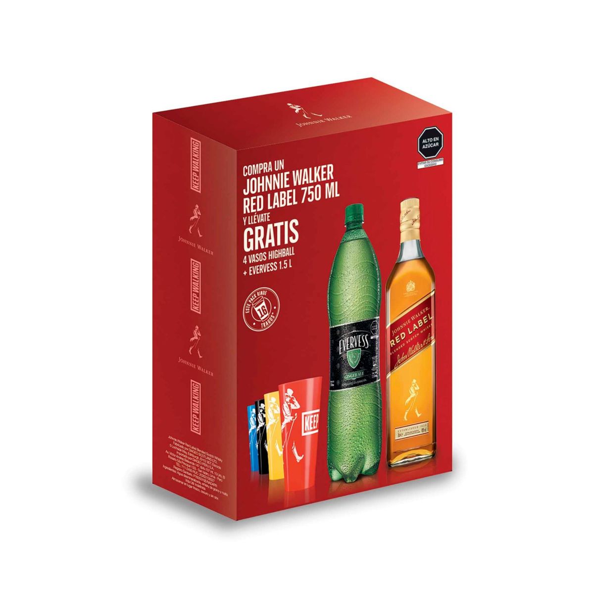 JOHNNIE WALKER - Whisky Johnnie Walker Red 750 mL + Evervess 1.5 L + 4 Vasos