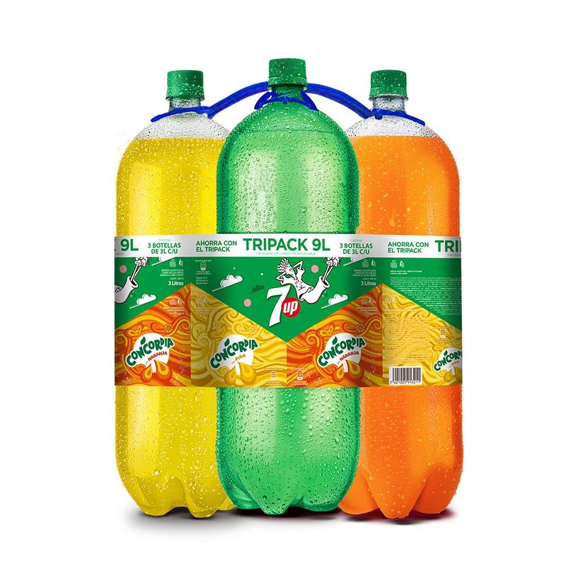 PEPSI - Gaseosa SevenUp 3 L + Concordia Naranja 3 L + Concordia Piña 3 L