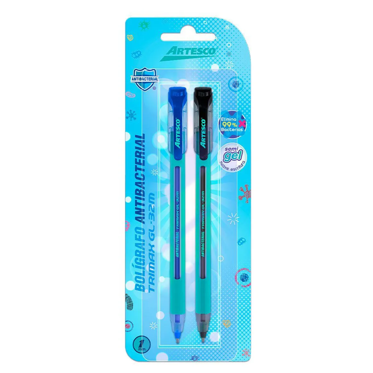 ARTESCO - Lapicero Artesco Trimax Semi Gel Antibacterial Azul Negro Empaque 2 Und