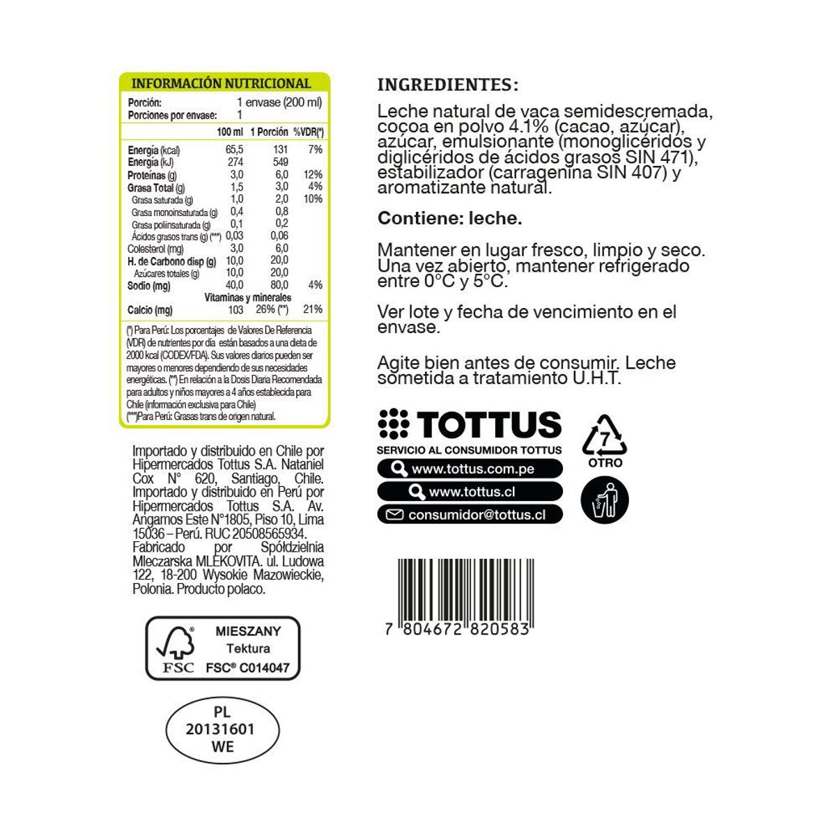 TOTTUS - CAJA LECHE CHOCOLATADA TOTTUS 200ML X 30