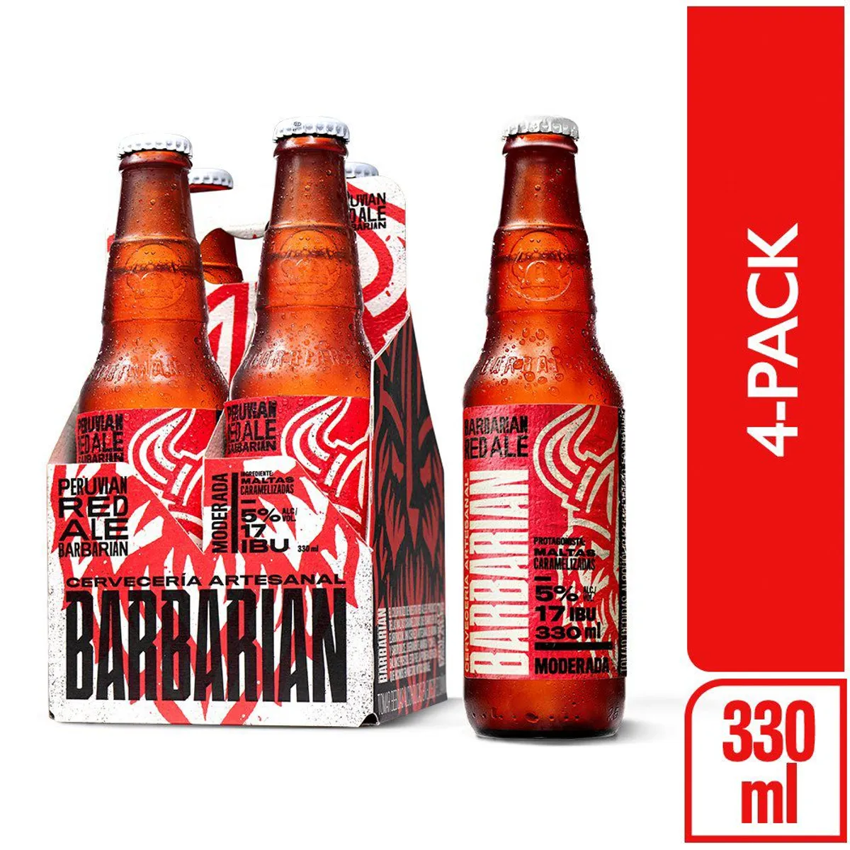 BARBARIAN - Cerveza Barbarian Peruvian Red Ale Pack 4 Botellas 330 mL