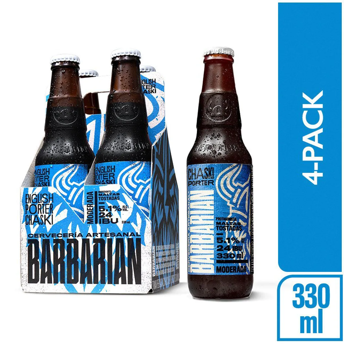 BARBARIAN - Cerveza Barbarian English Porter Chaski Pack 4 Botellas 330 mL
