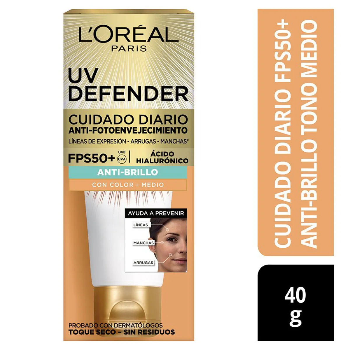 LOREAL PARIS - Crema Loreal UV Defender Tono Medio Envase 40 mL
