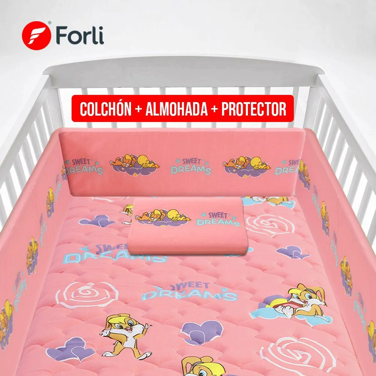 FORLI - Colchon Cuna Looney Baby Rosado+Prot+Alm
