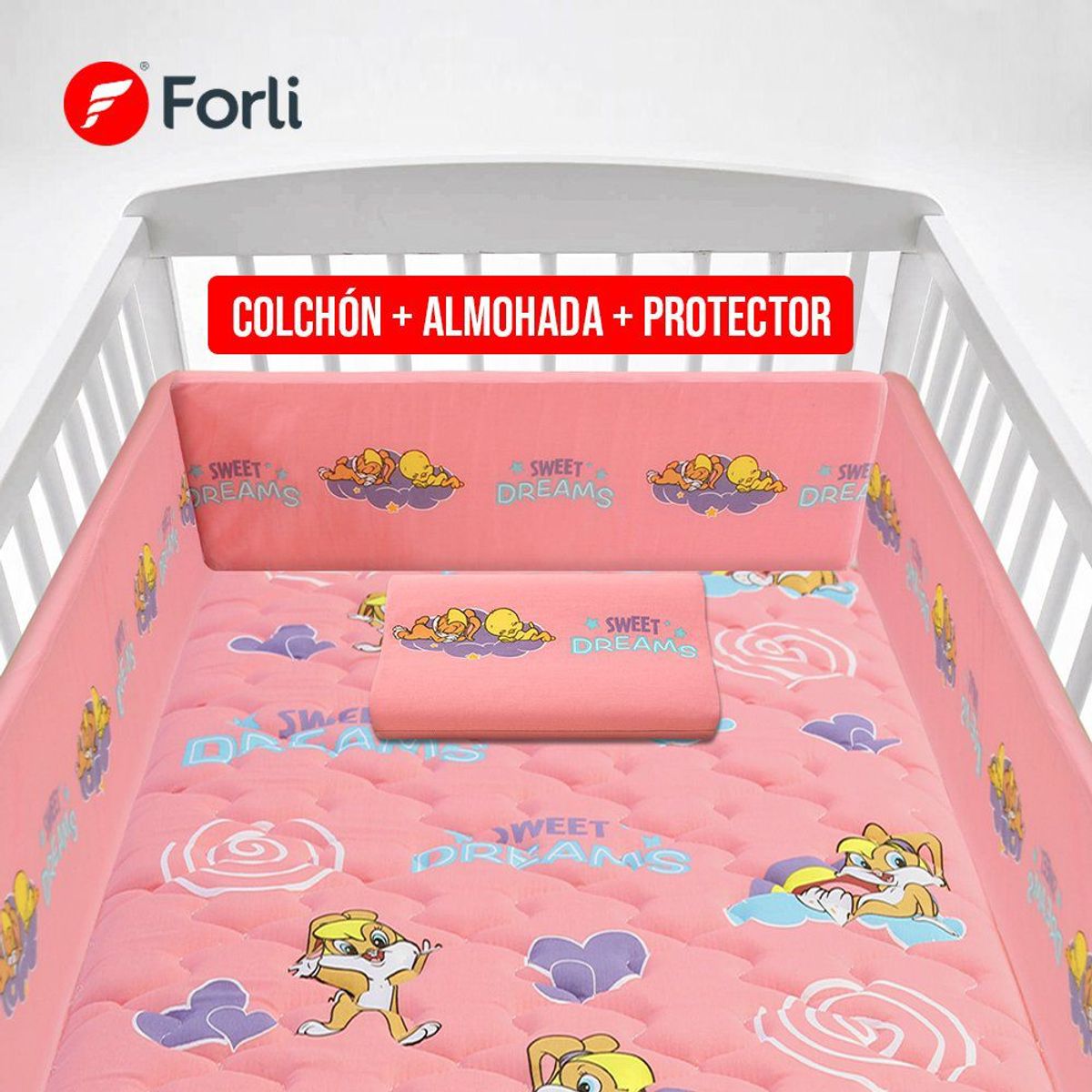 FORLI - Colchon Cuna Looney Baby Rosado+Prot+Alm