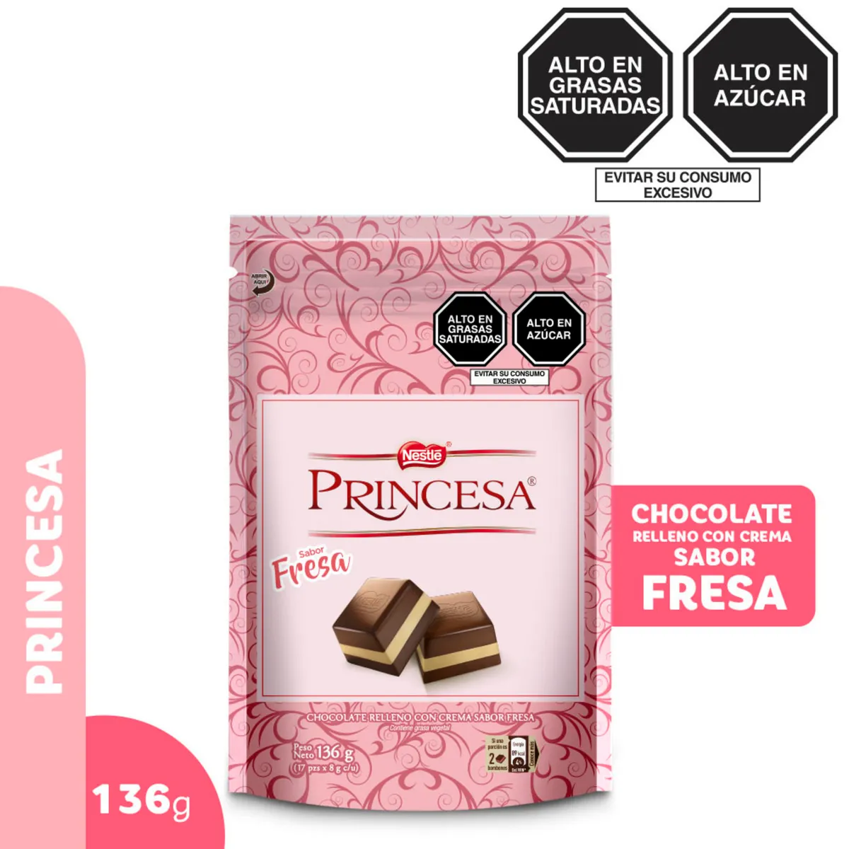 PRINCESA - Chocolate Princesa Relleno Crema Fresa Doypack 17 Und