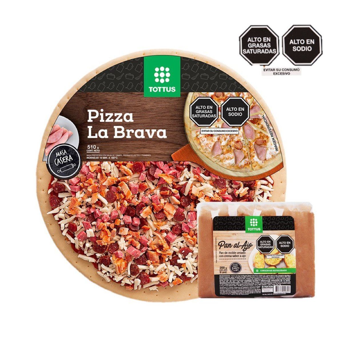 TOTTUS - Pizza La Brava Familiar + Pan Al Ajo + 6 Unidades