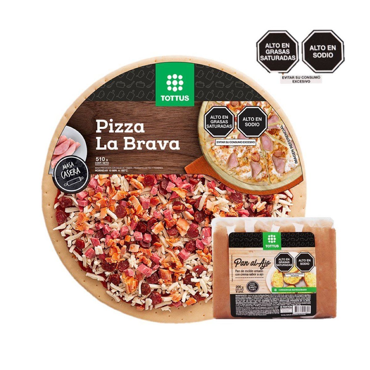 TOTTUS - Pizza La Brava Familiar + Pan Al Ajo + 6 Unidades