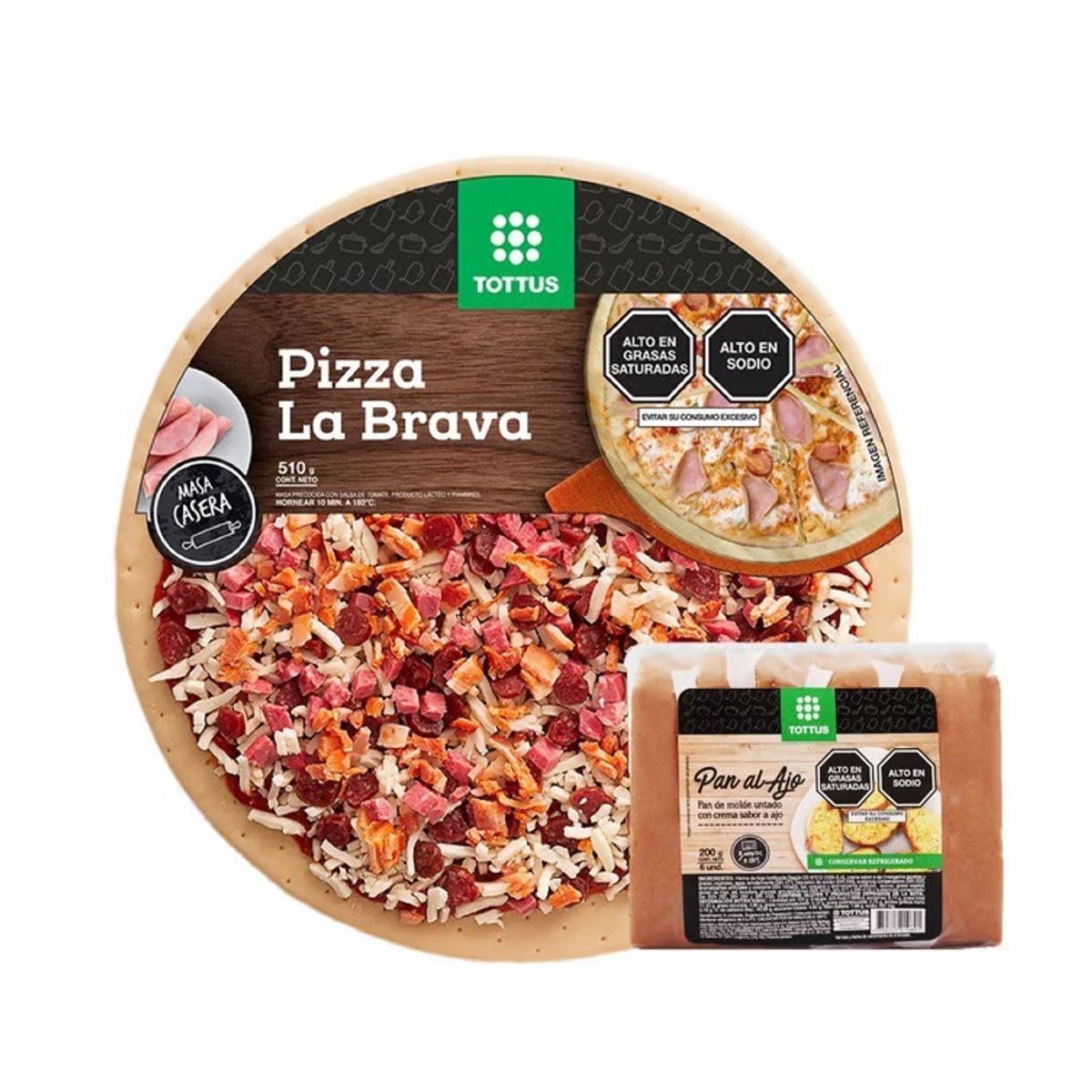 TOTTUS - Pizza La Brava Familiar + Pan Al Ajo + 6 Unidades