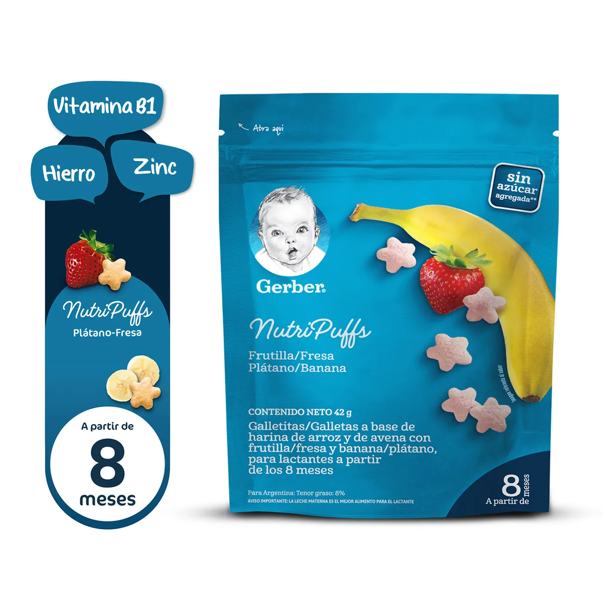 GERBER - Galletas Gerber Nutri Puffs Fresa Plátano Doypack 42 g