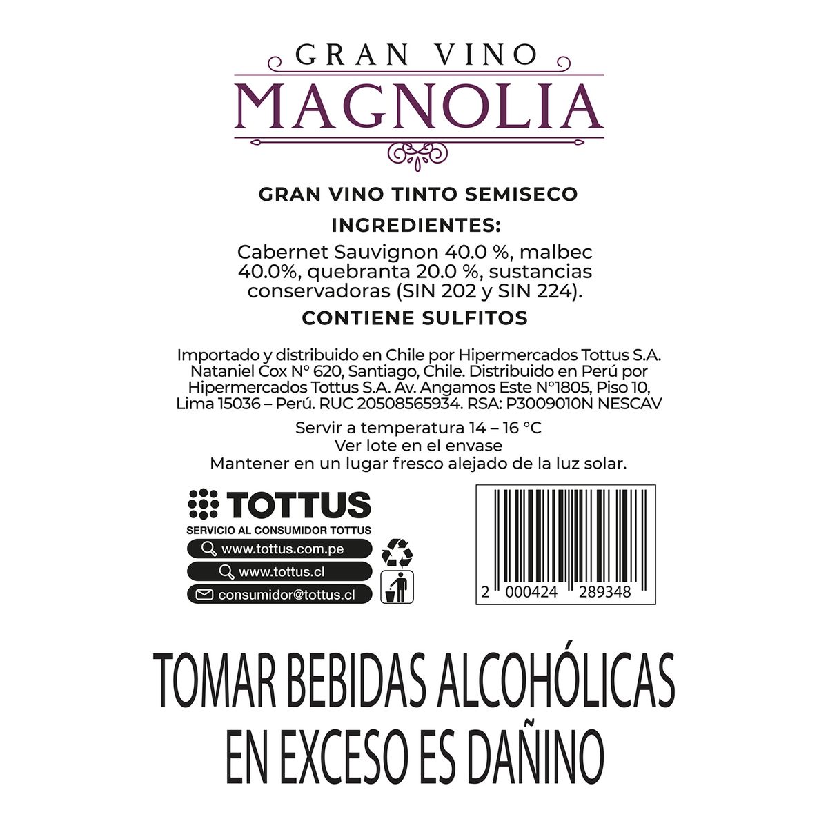 TOTTUS - Vino Tinto Semiseco Botella 750 mL