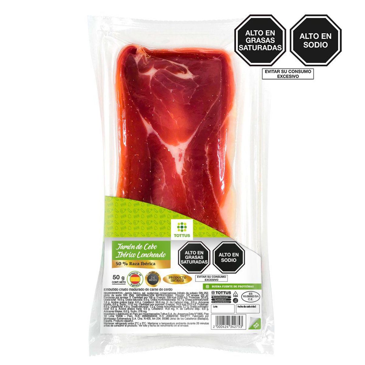 TOTTUS - Jamón Ibérico de Cebo Tottus Loncheado Empaque 50 g