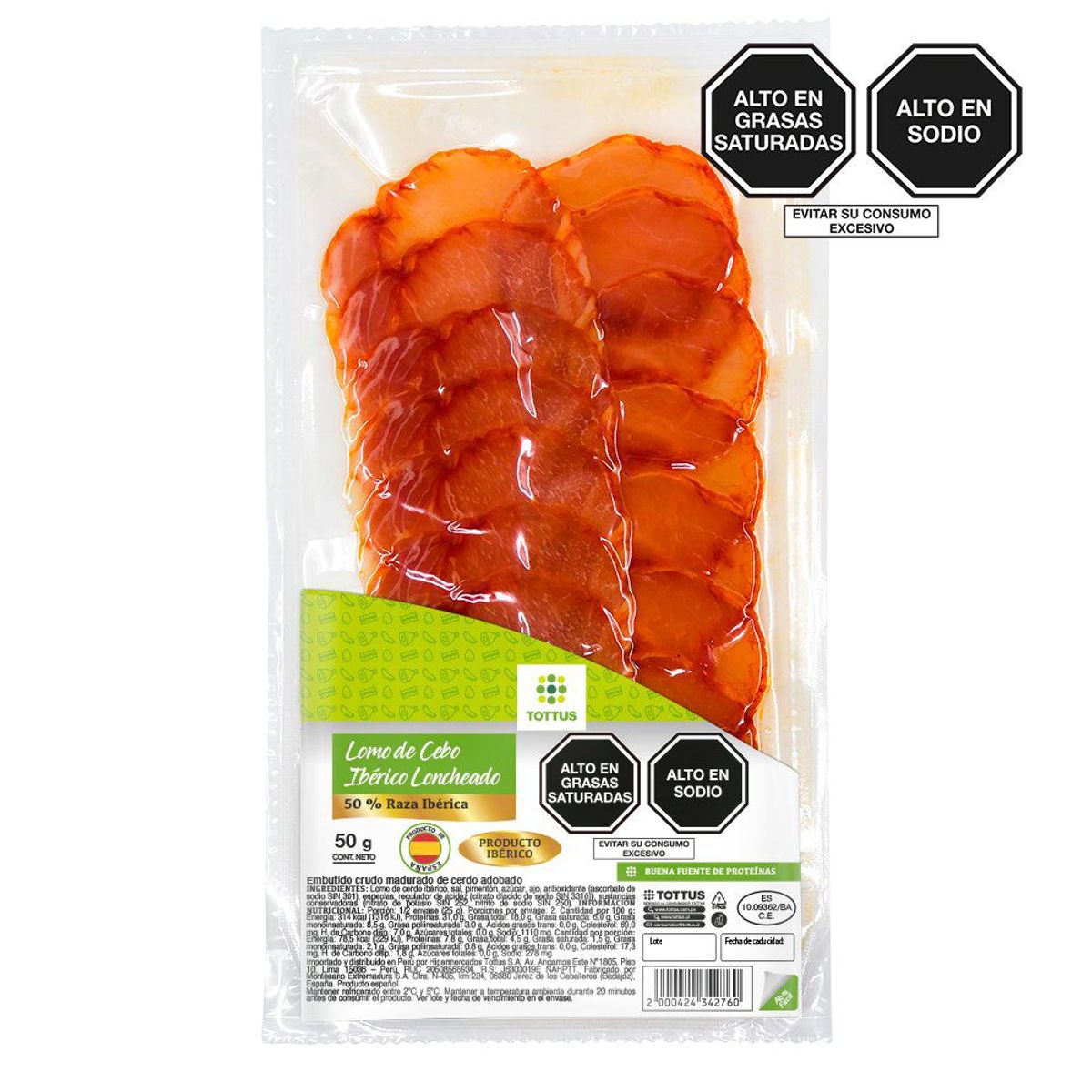 TOTTUS - Lomo Ibérico de Cebo Tottus Loncheado Empaque 50 g
