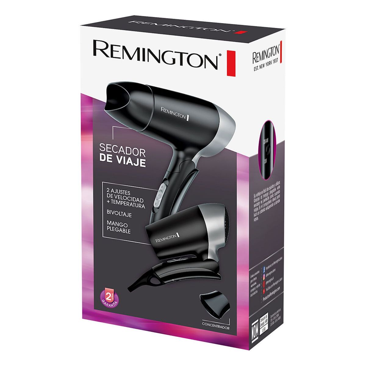 REMINGTON - Secadora Plegable Negra de Viaje 1400W