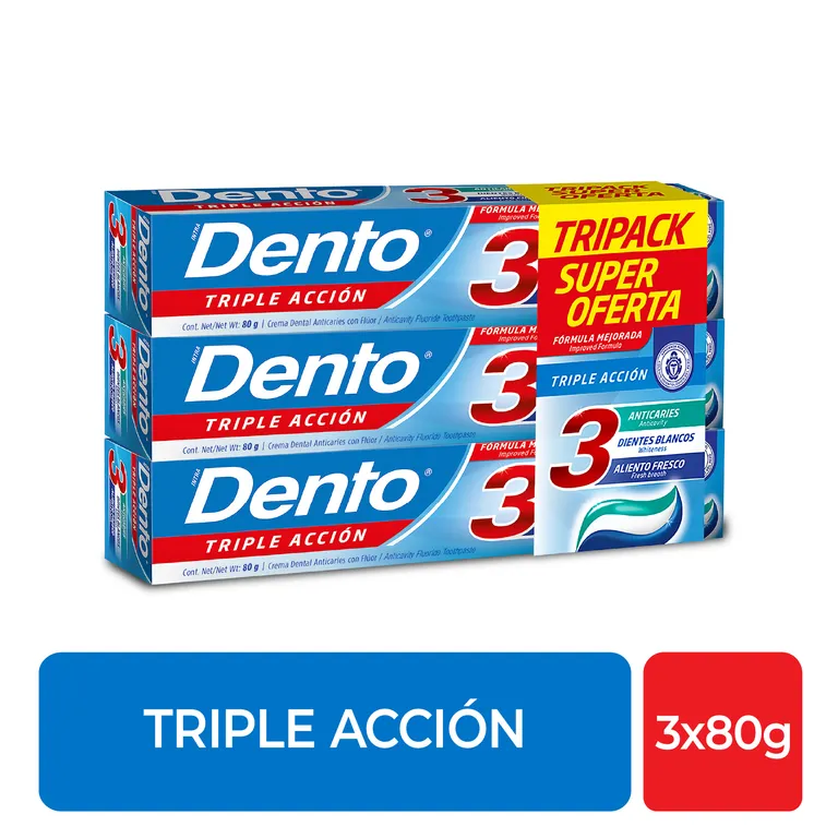 Pasta Dental Dento Triple Acción Tripack Caja 80 g | Tottus Perú