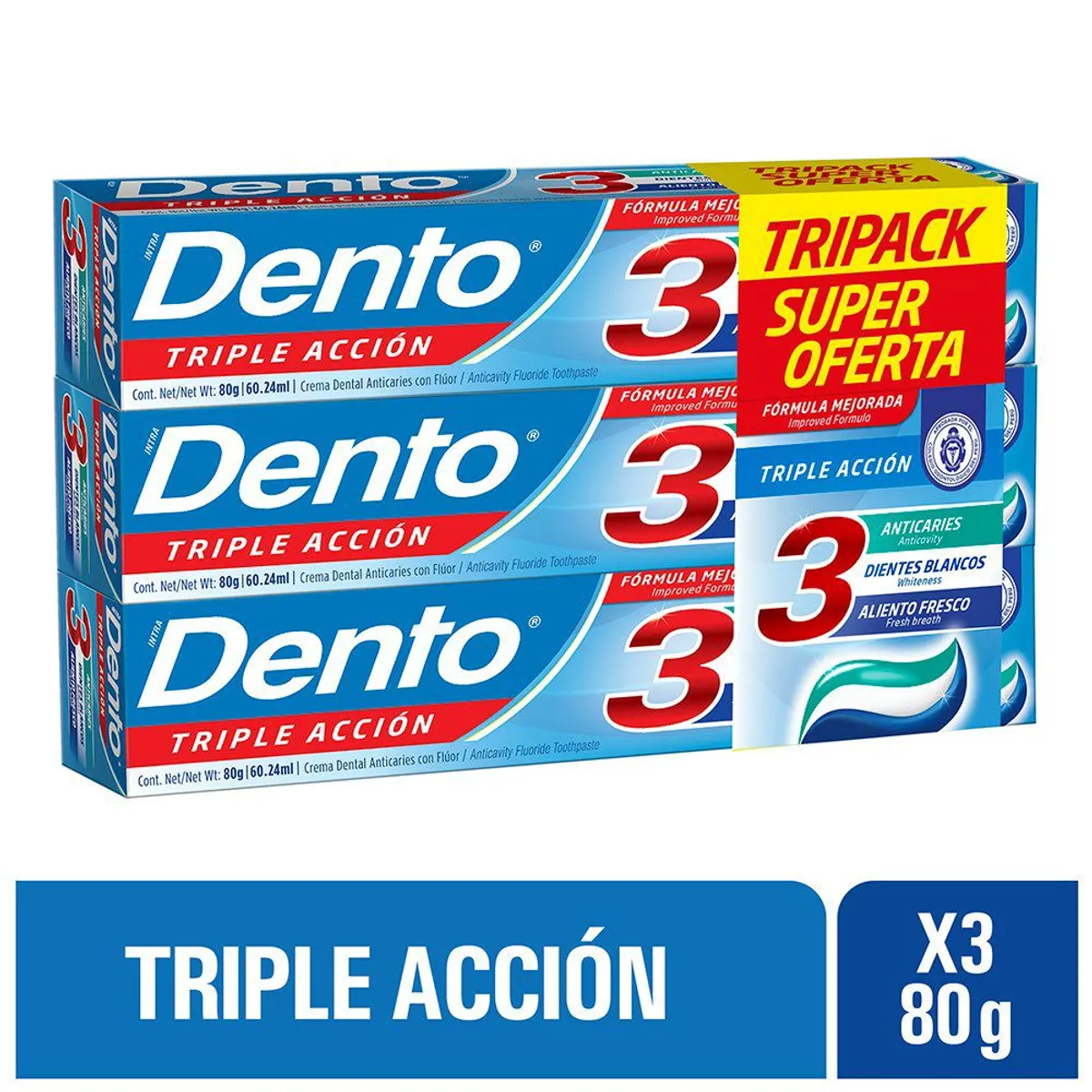 DENTO - Pasta Dental Dento Triple Acción Tripack Caja 80 g