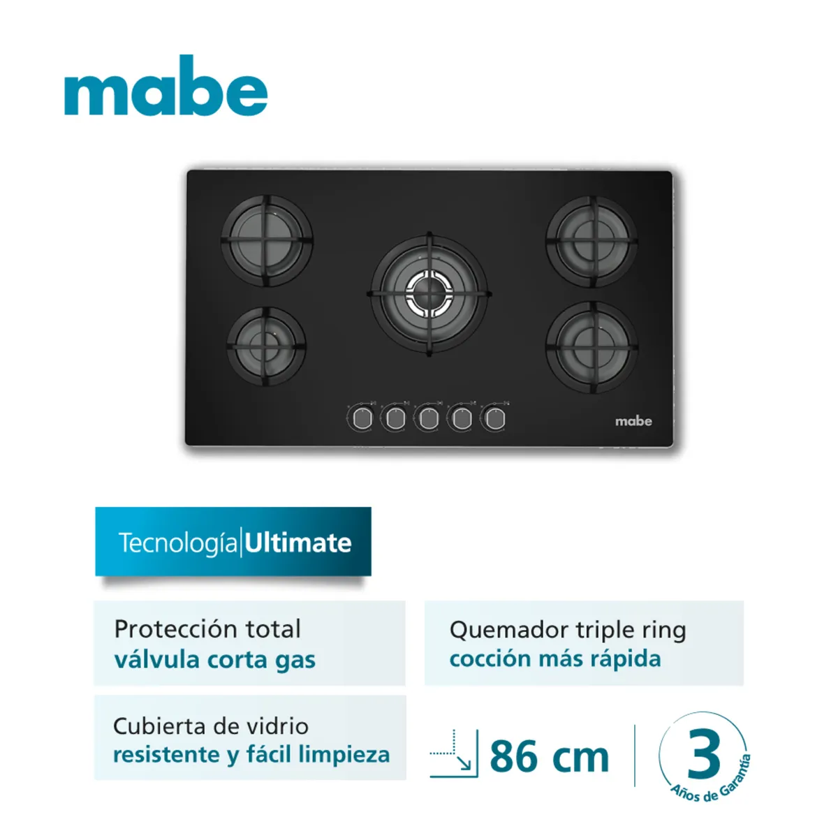 MABE - Encimera Mabe PM8655GV0 a Gas de 86cm Vidrio Negro