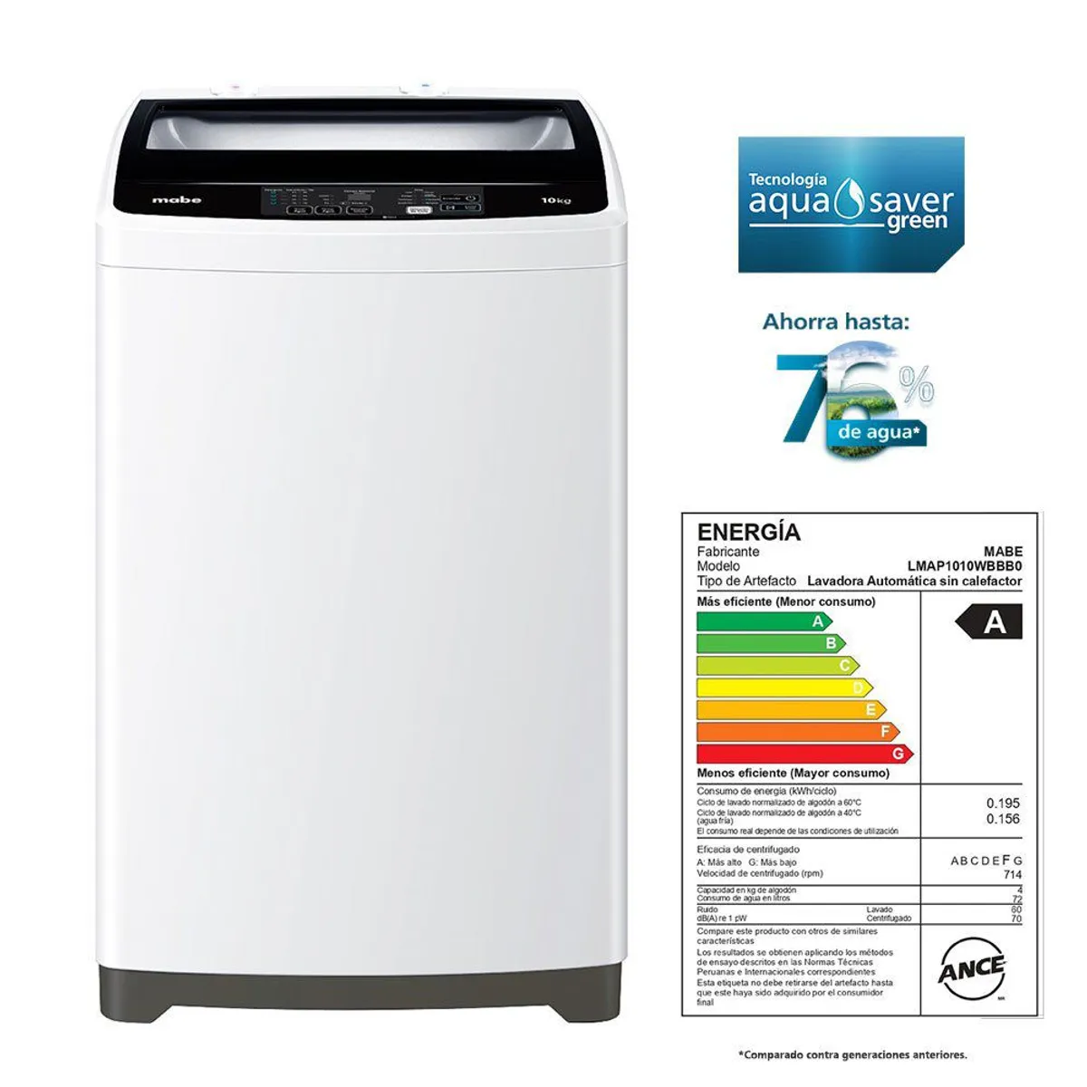 MABE - Lavadora automática 10 Kg Blanco Mabe LMAP1010WBBB0