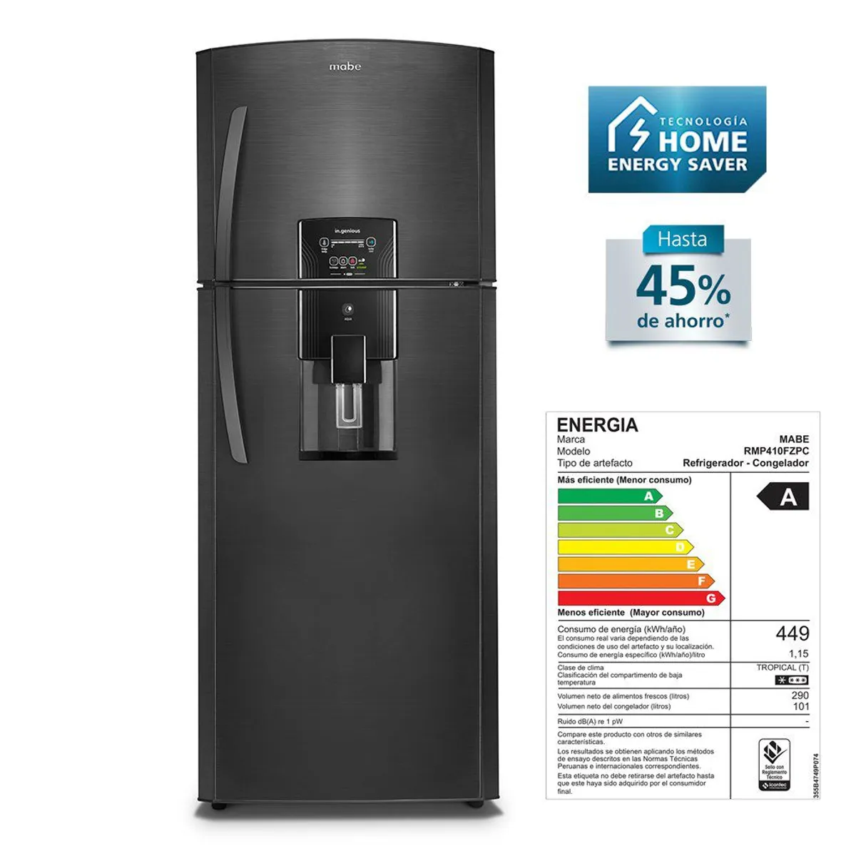 MABE - Refrigeradora 400 L Black Steel con Disp