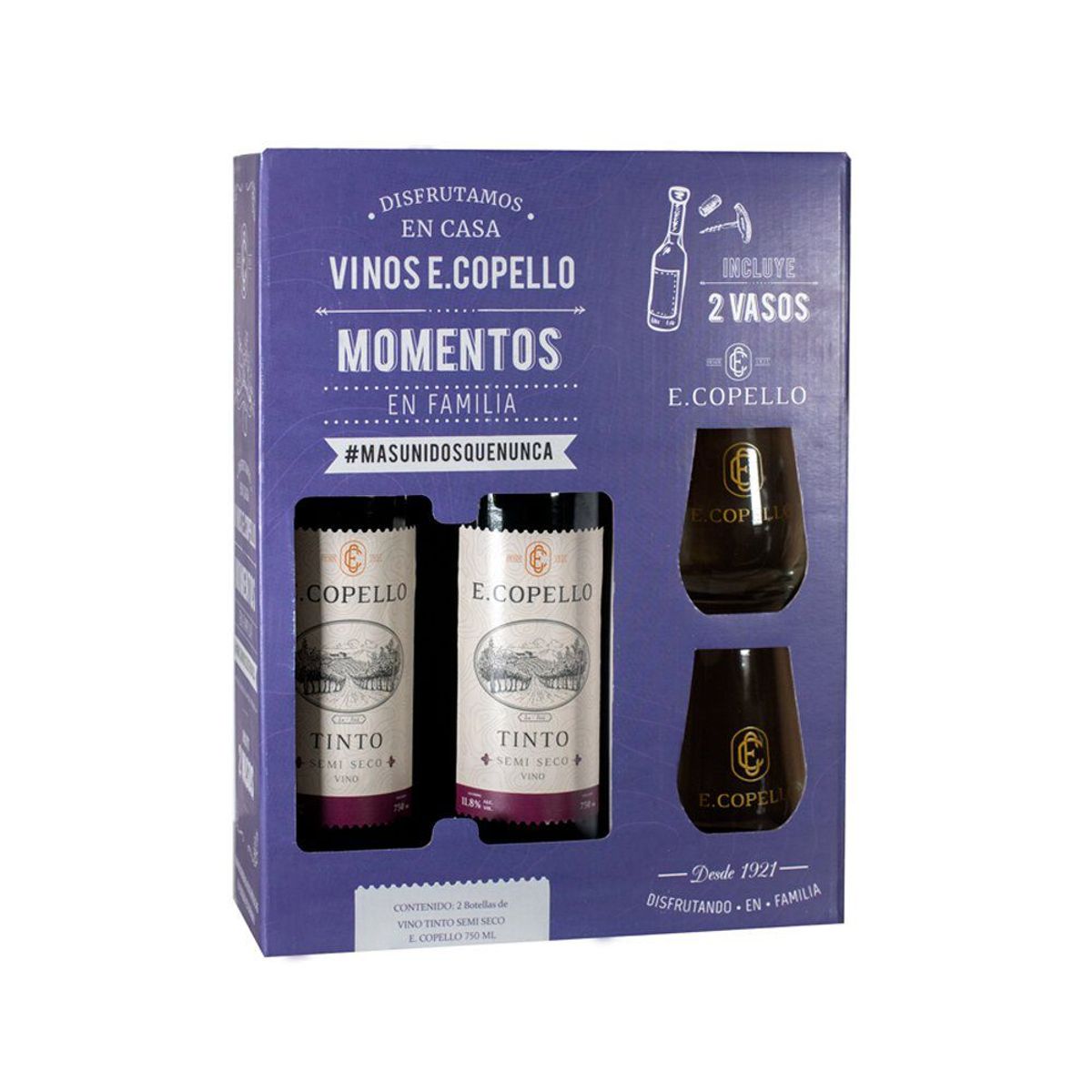 COPELLO - Vino Copello Tinto Semi Seco 2 Botellas 750 mL + 2 Vasos de Vidrio