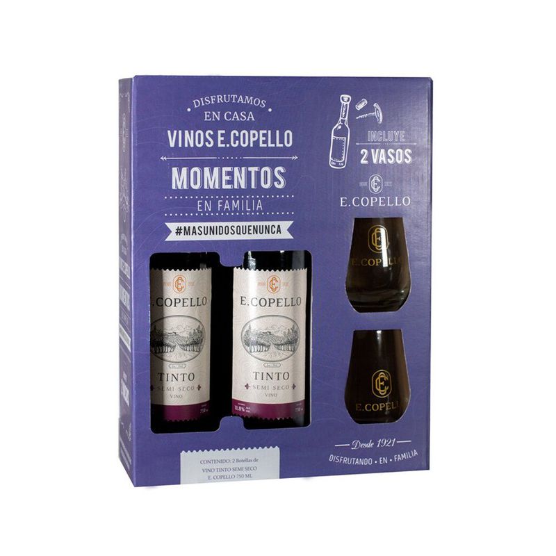 COPELLO - Vino Copello Tinto Semi Seco 2 Botellas 750 mL + 2 Vasos de Vidrio
