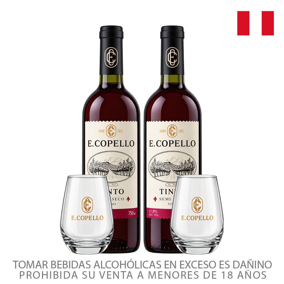 COPELLO - Vino Copello Tinto Semi Seco 2 Botellas 750 mL + 2 Vasos de Vidrio