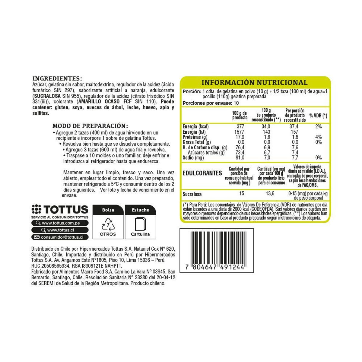 TOTTUS - Gelatina Tottus Naranja Bolsa 100 g