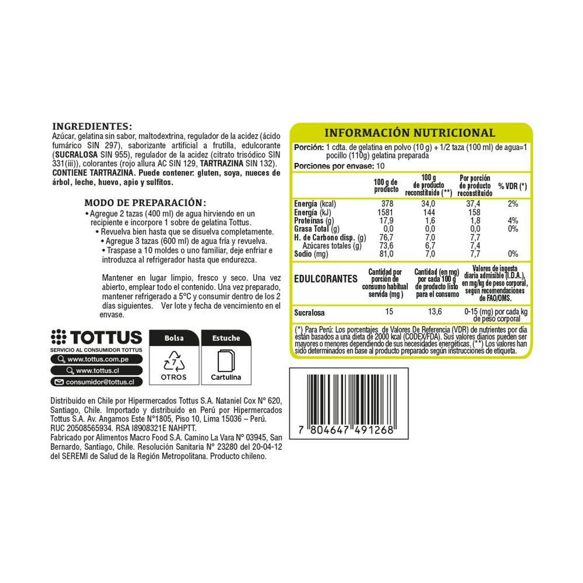 TOTTUS - Gelatina Tottus Fresa Bolsa 100 g