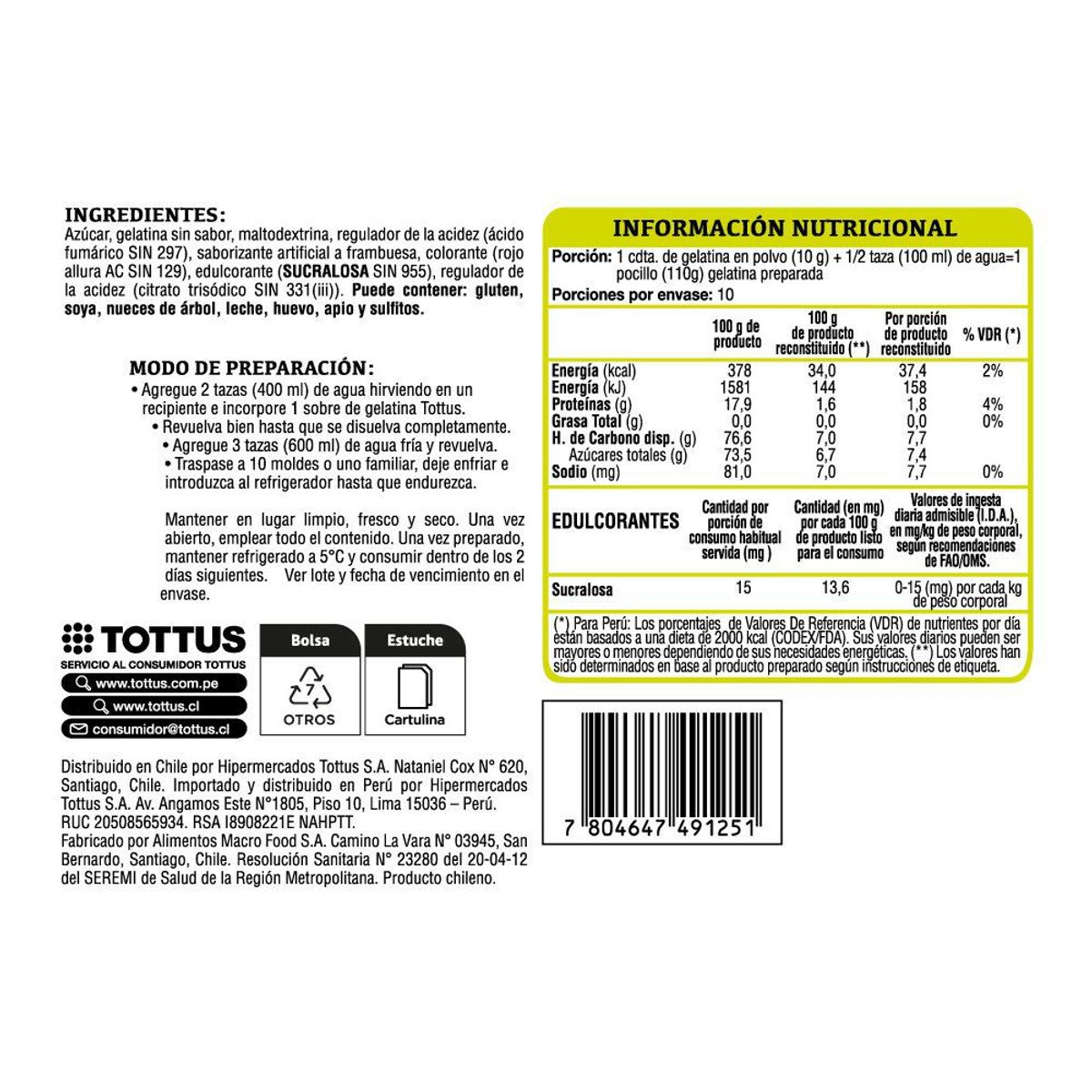 TOTTUS - Gelatina Tottus Frambuesa Bolsa 100 g