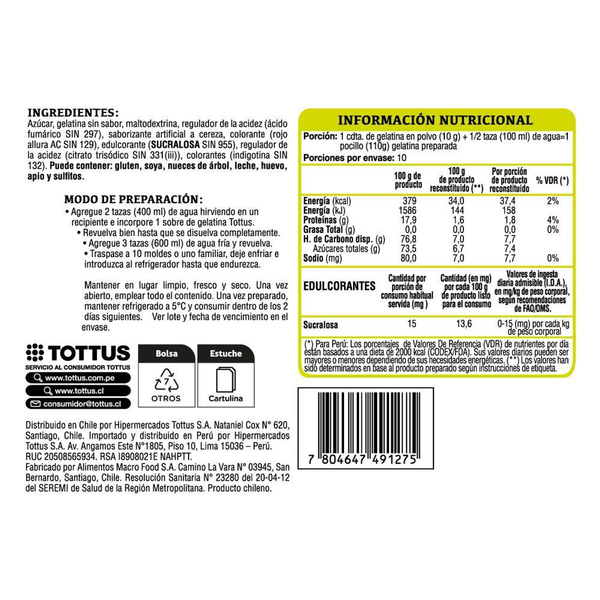 TOTTUS - Gelatina Tottus Cereza Bolsa 100 g