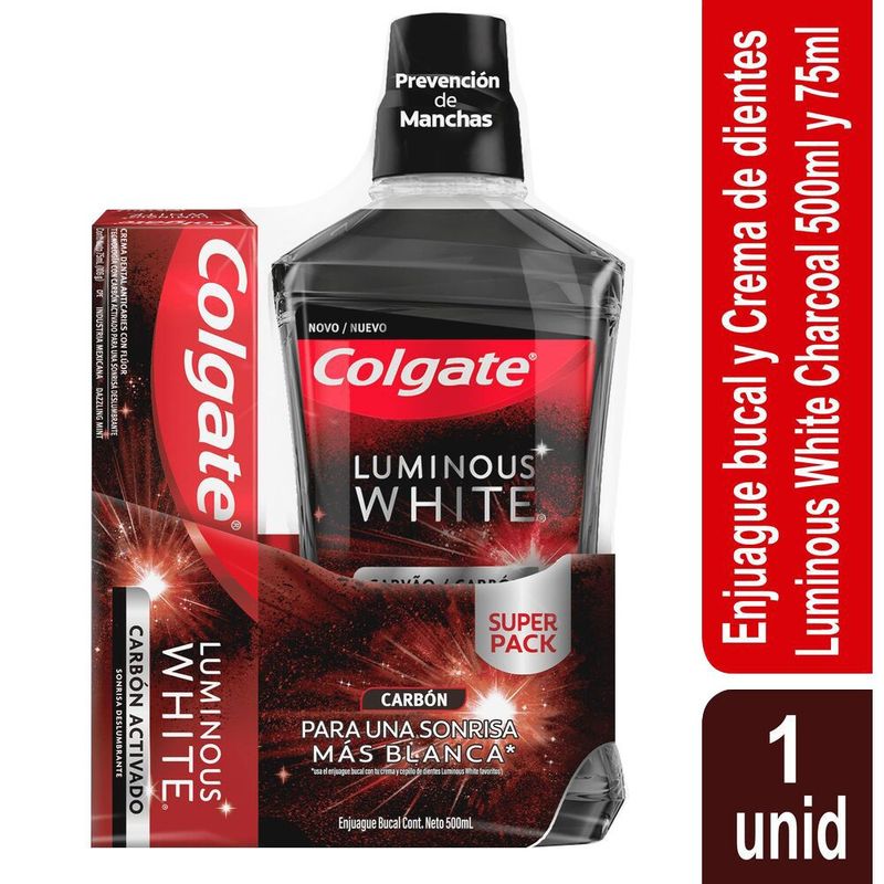 COLGATE - Enjuague Bucal Colgate Luminous White Carbon 500ml + Pasta Dental 75ml