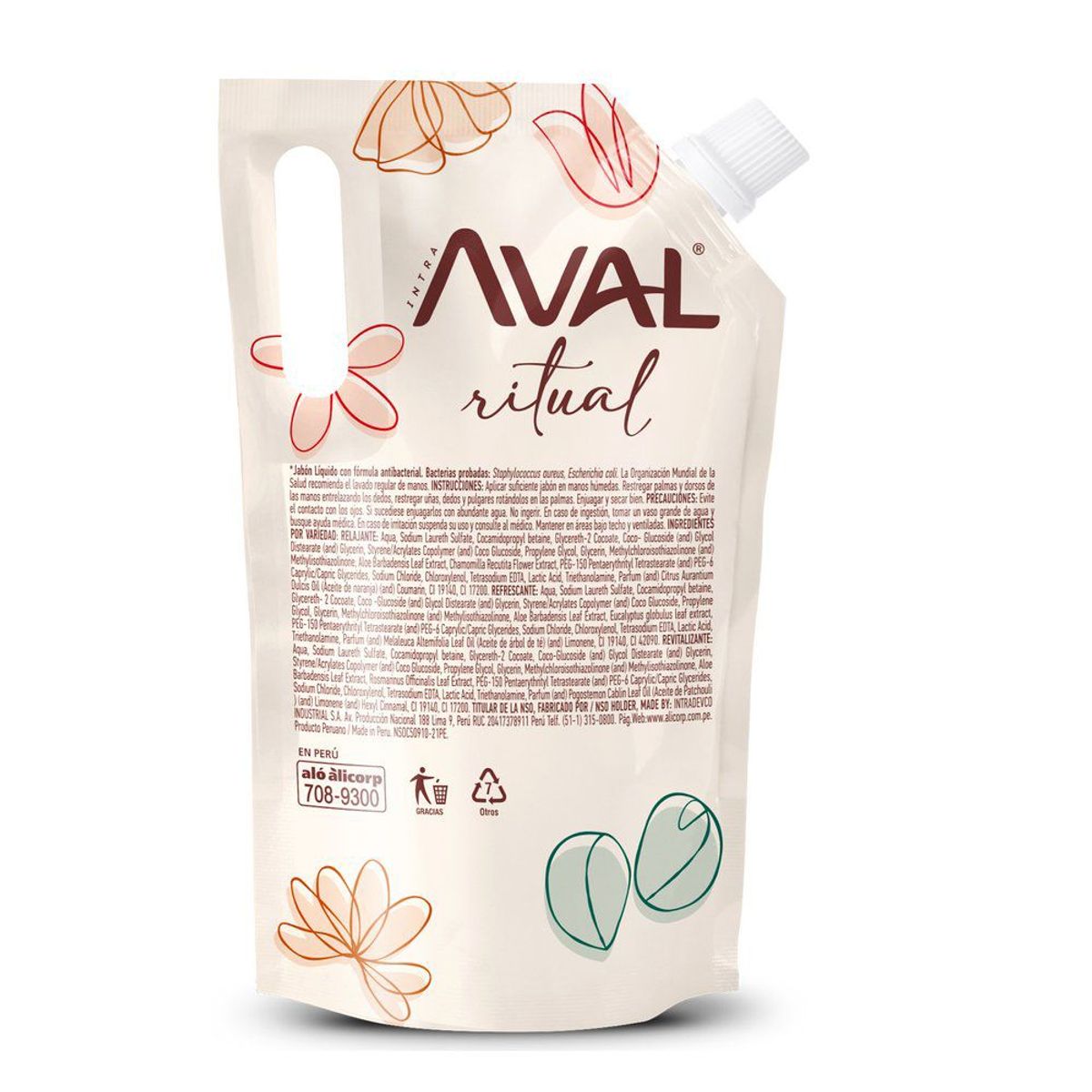 AVAL - Jabón Líquido Antibacterial Aval Ritual Refrescante Doypack 800 mL