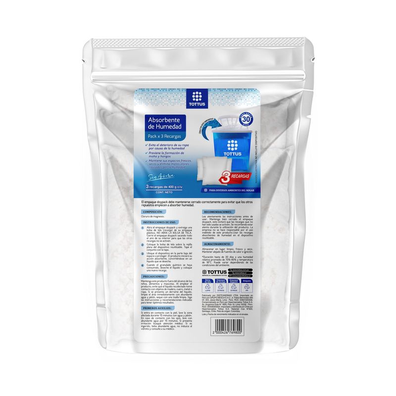 TOTTUS - Absorbente Humedad Tottus Recargas Pack 3 Empaques 400 g