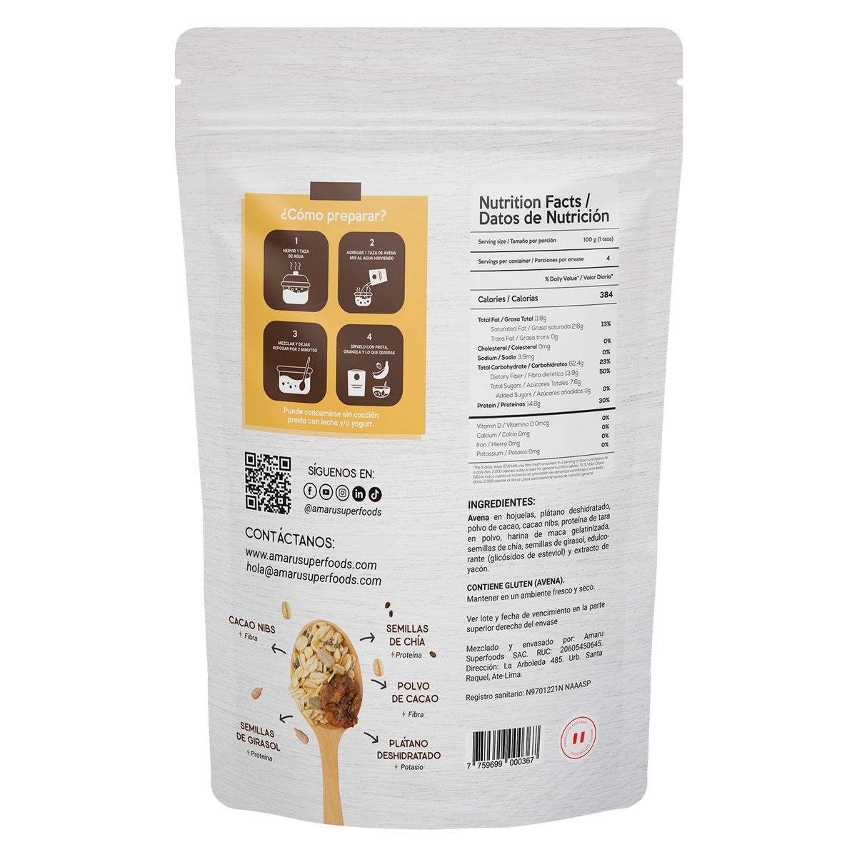 AMARU SUPERFOODS - Avena Mix Amaru Superfoods Choco Plátano Empaque 400 g