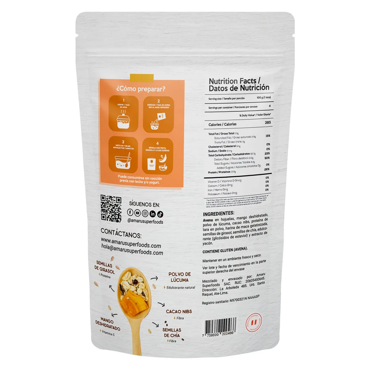 AMARU SUPERFOODS - Avena Mix Amaru Superfoods Lucumango Empaque 400 g