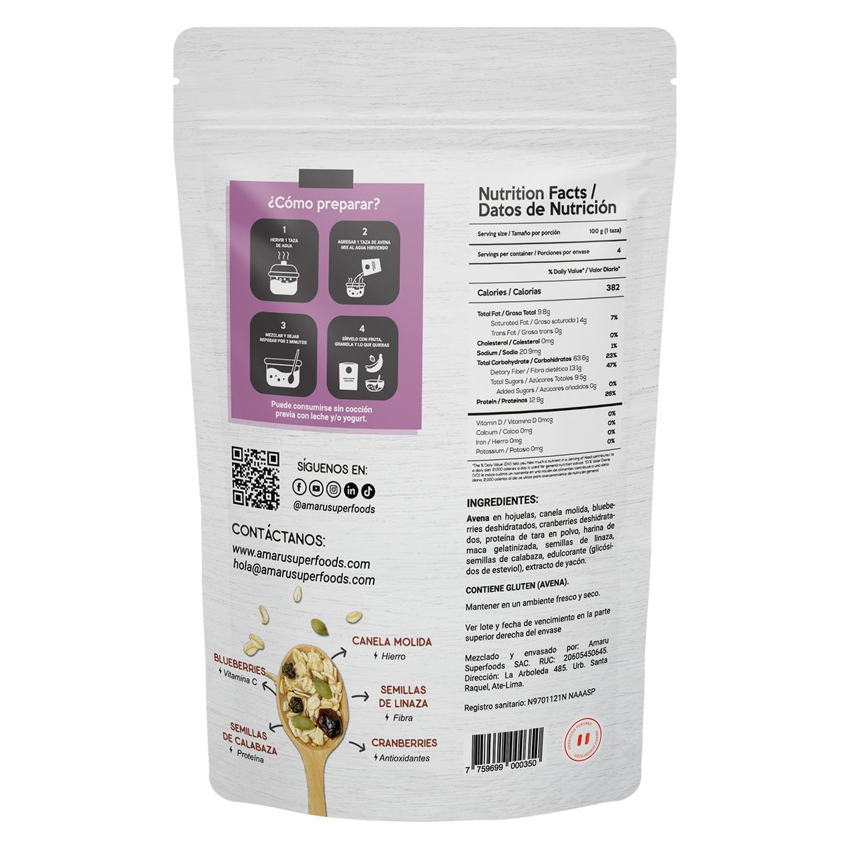 AMARU SUPERFOODS - Avena Mix Amaru Superfoods Canela & Berries Empaque 400 g