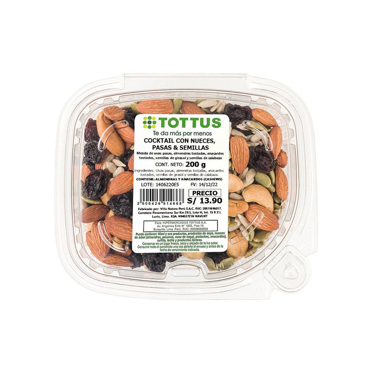 TOTTUS - Cocktail Tottus Nueces Pasas y Semillas Envase 200 g