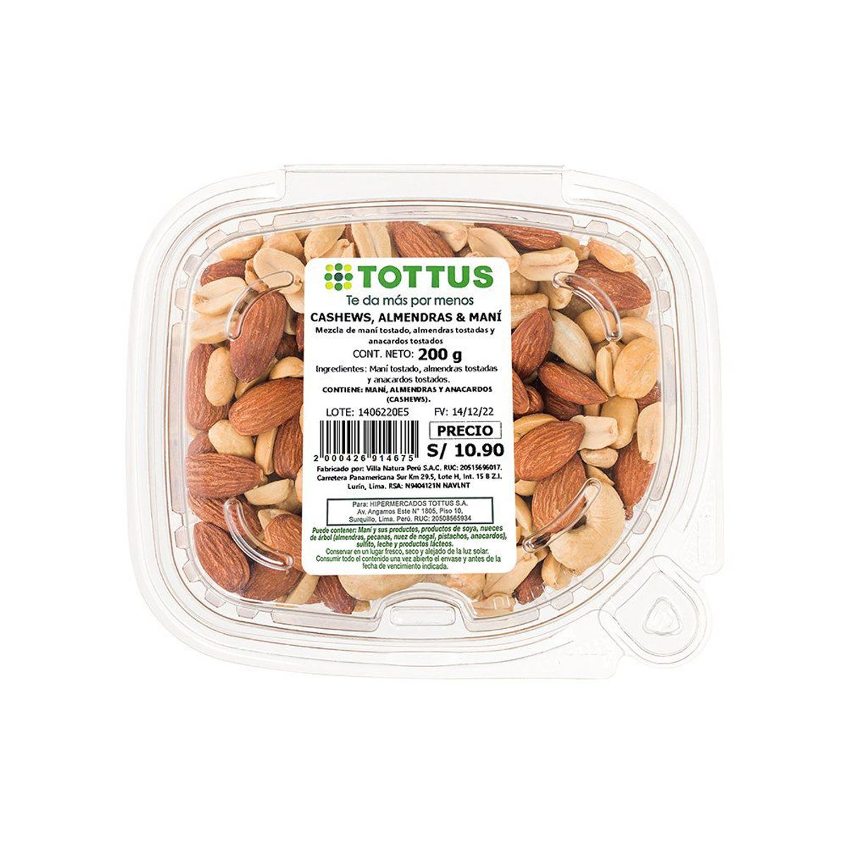 TOTTUS - Mix Tottus Cashew Almendras y Maní Envase 200 g