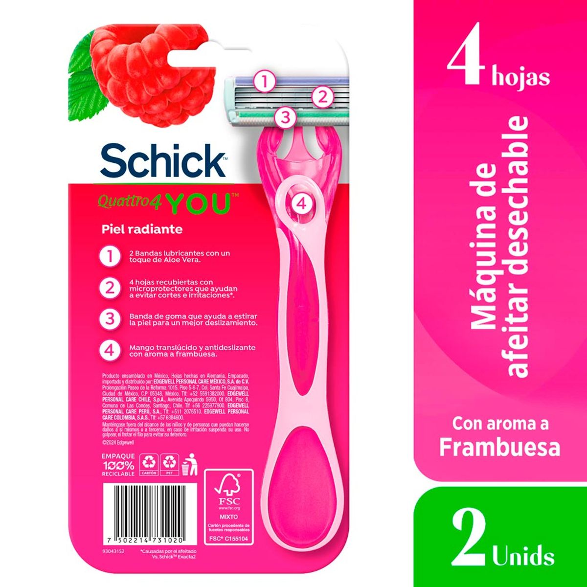 SCHICK - Máquina de Afeitar Schick Quattro You Raspberry Empaque 2 Und