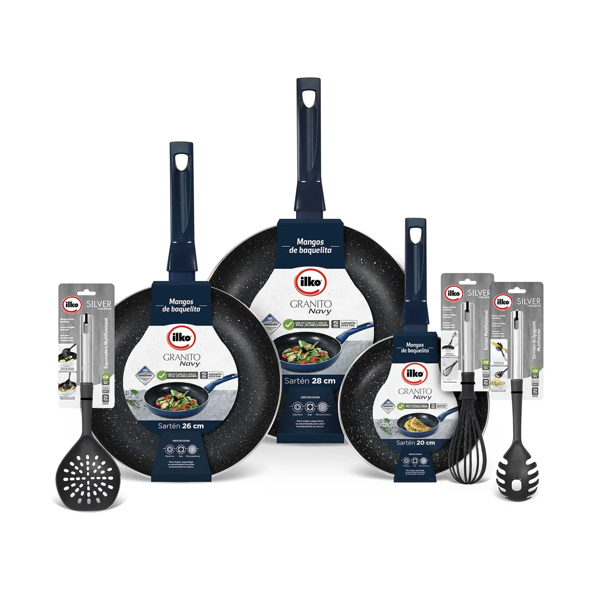 ILKO - Pack Sartenes Granito Navy 20cm +26 cm +Wok 28cm +3 Utensilios Ilko