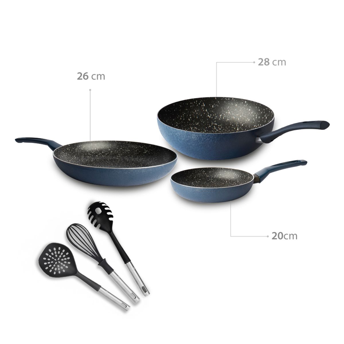 ILKO - Pack Sartenes Granito Navy 20cm +26 cm +Wok 28cm +3 Utensilios Ilko