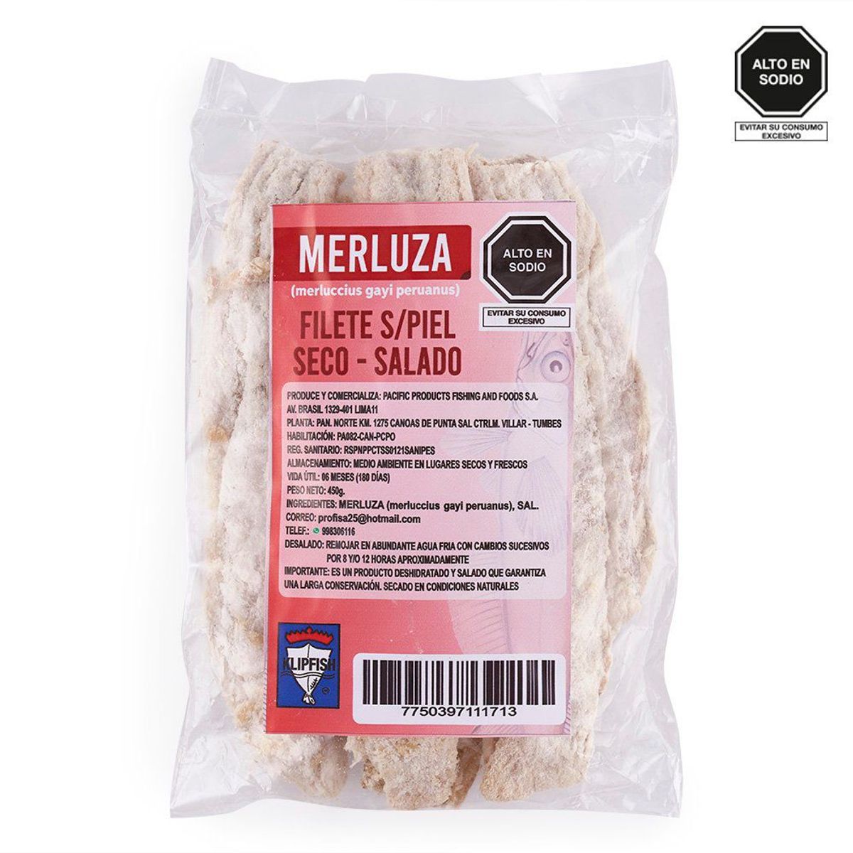 KLIPFISH - MERLUZA FILETE S/PIEL SECO SALADO BOLSA X 450 GR.