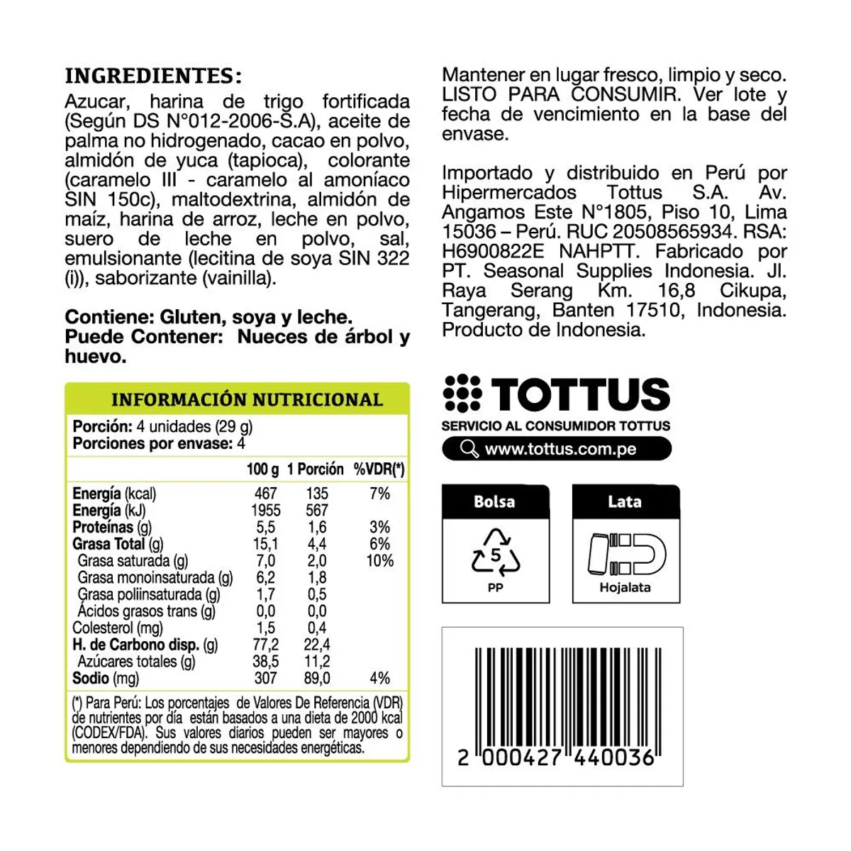 TOTTUS - Barquillo Wafer Roll Tottus Brownie Empaque 130 g