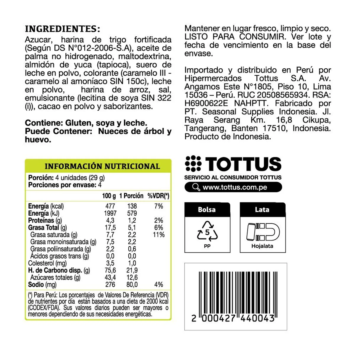TOTTUS - Barquillo Wafer Roll Tottus Cookies & Cream Empaque 130 g