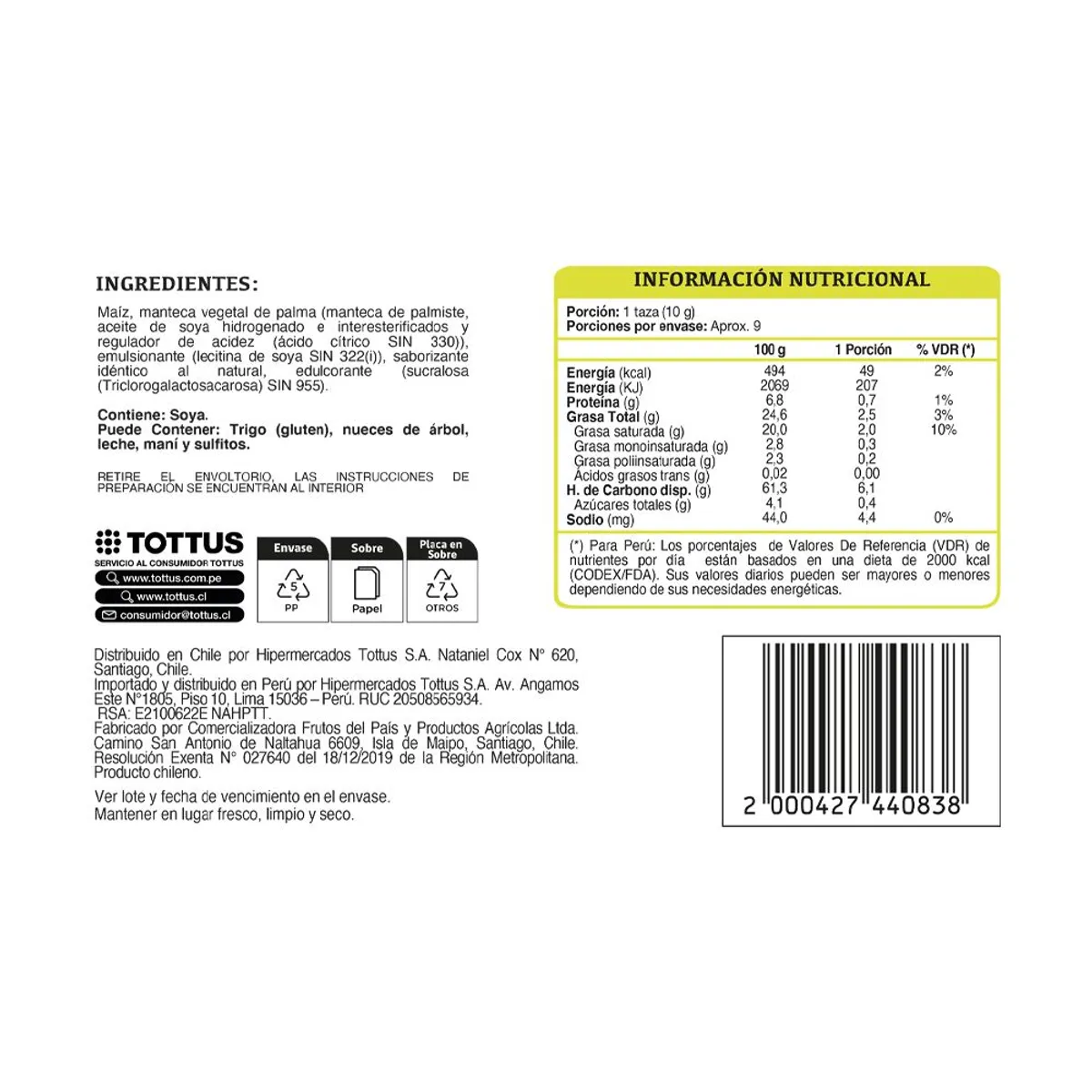 TOTTUS - Popcorn Dulce Tottus 91 g